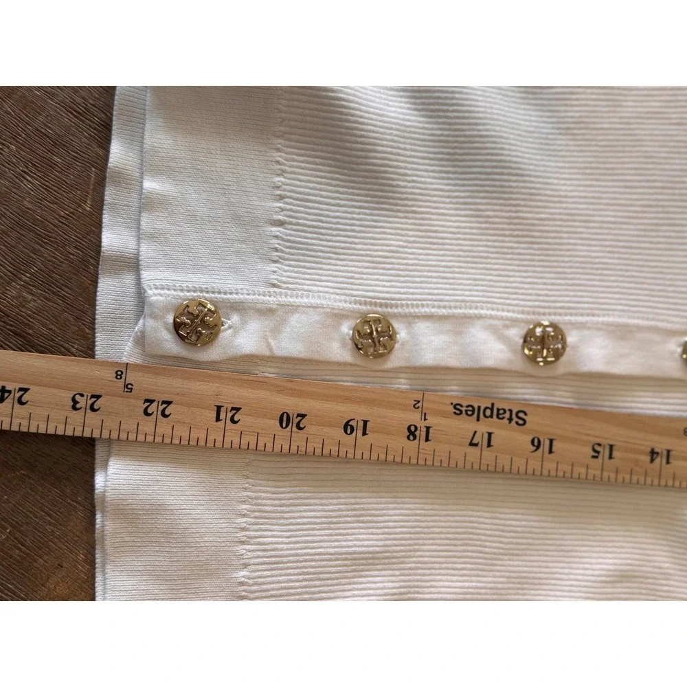 Tory Burch White Ribbed Cotton Simone Cardigan Gold Logo‎ Buttons Small
